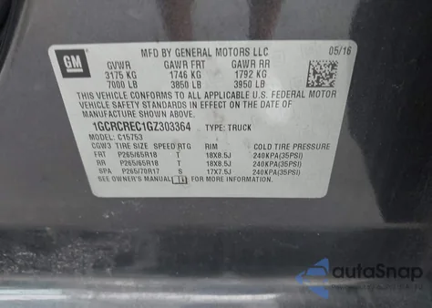 2016 Chevrolet Silverado 1500 1Lt from USA, damaged, VIN 1GCRCREC1GZ303364